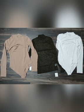 MANGOPOP Bundle White & Tan Long-Sleeve Bodysuits plus Black Gold Mesh Top